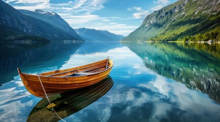 a wooden boat floating on a calm lake in norway, - obrazy, fototapety, plakaty