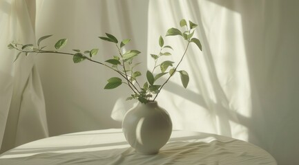 a white vase with green leaves on a white table