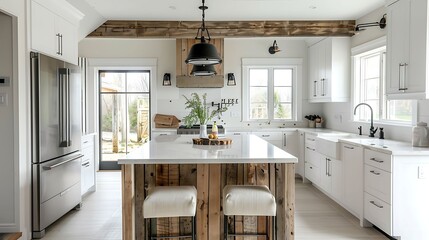A modern farmhouse kitchen with white cabinets and reclaimed wood accents, blending rustic charm with modern sophistication