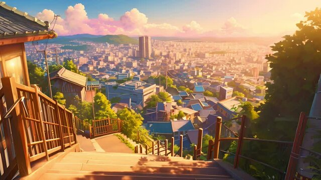 Sunlit Stairway Overlooking a Bustling City - Looping Anime Watercolor Illustration Video