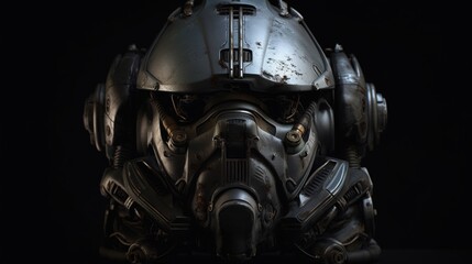 a front view of a sci fi warrior helmet - obrazy, fototapety, plakaty