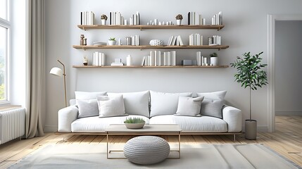 A minimalist living room with Scandinavian inspired wall shelving for displaying decor and books