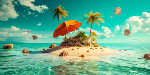 Fototapeta na wymiar 3d beach island with umbrella and seashells