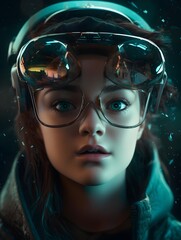 young girl's face adorned with futuristic VR glasses