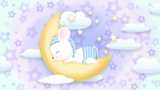 dream with cute little mouse on the moon cartoon sleeping on a cloud, looped video background.