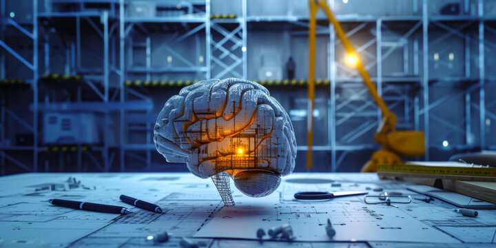 future brain under construction on blueprints, building projects