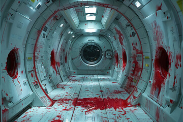 A crime scene in a space habitat knife floating in zero gravity blood droplets forming a haunting pattern