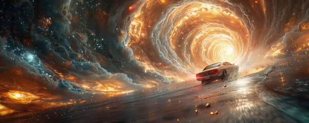 A high-speed car chase ends as the vehicle leaps into a time tunnel swirling clouds and cosmic energy encircling