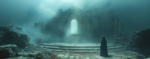 A lone figure discovers a secret door in an ancient ruin the stairs beyond shimmering with a mystical alien light - obrazy, fototapety, plakaty