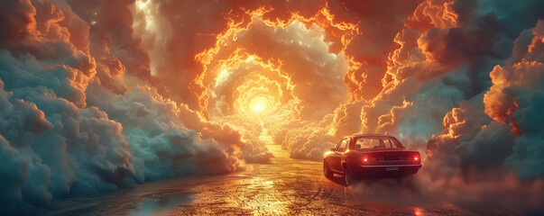 A lone car accelerates into a swirling vortex of clouds within a time tunnel bridging worlds in a cinematic spectacle - obrazy, fototapety, plakaty