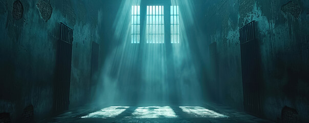 Amidst the cold steel of a futuristic prison a ray of light shines on a praying prisoner a symbol of unbroken spirit