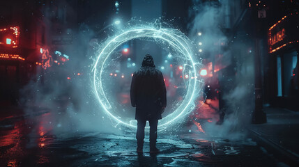Fototapeta premium In a movie scene a detective uses a hologram gadget to reveal circle portals hidden in the city each leading to mysterious events
