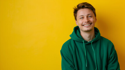 portrait of a young smiling man in a green hoodie on the yellow background with a copy space