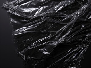 Transparent plastic isolated within a black background, untidy folded plastic bag illuminated with white light within a black background. Created with Generative AI.