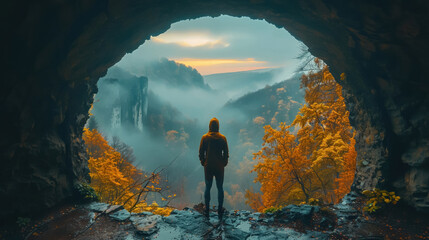 Inside a time cave a portal opens revealing scenes from different eras to a mesmerized traveler - obrazy, fototapety, plakaty
