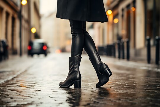 Female legs in stylish black boots on street. Concept Fashion, Street Style, Women's Shoes, Modern Urban, Trendy Boots
