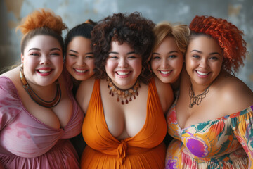 Fototapeta premium Group of happy beautiful multi ethnic plus size women, portrait of different national models, chubby face and fat body, friendship of peoples concept