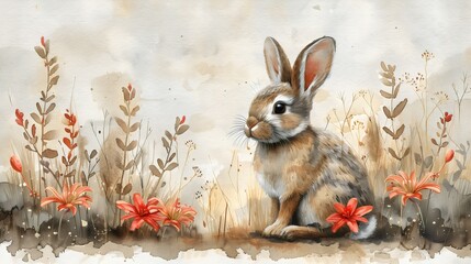 Watercolor easter retro book illustration of easter rabbit bunny sitting among colorful flowers in a beautiful field, calm and content atmosphere