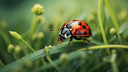 Ant's-Eye View: Take a macro shot of a ladybug crawling on a blade of grass
