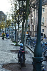  Cobblestone Pavement with Parked Bicycles in Freiburg, Germany - 740054322