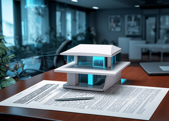 A concept of a 3D holographic rendering of a futuristic living tiny house on a table in a real estate agency with a contract on the table.