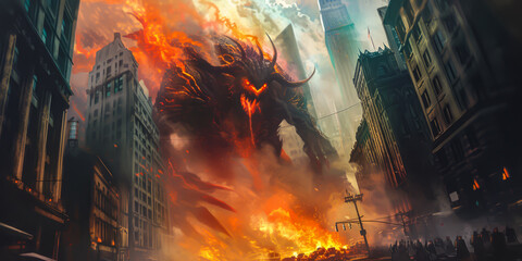 a giant monster criature in the city with fire