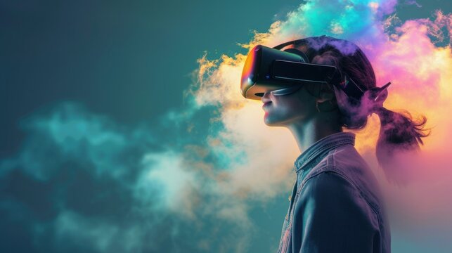 Portrait of businesswoman working with vr glasses, Metaverse and VR concept - Powered by Adobe