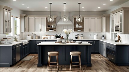 A contemporary kitchen with two toned cabinets, featuring light gray upper cabinets and dark blue lower cabinets for a modern contrast