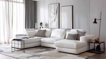 A contemporary guest room with a leather sectional sofa in white, adding a sleek and modern touch to the decor