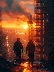 Two workers are walking on the top of the building construction site at sunset