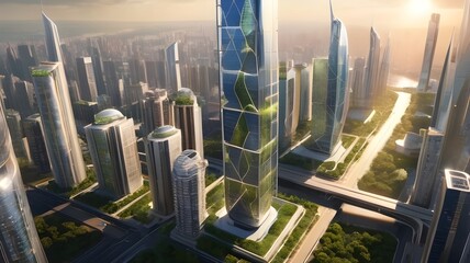 Futuristic cityscape blends nature with sleek high-rises, reflecting eco-friendly urban living amidst misty skyline, modern office buildings creating with green energy concept in a city - obrazy, fototapety, plakaty