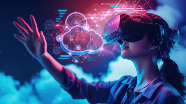 Portrait of businesswoman working with vr glasses, Metaverse and VR concept