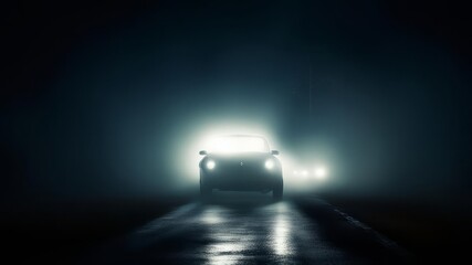 The headlights of the car cut through the thick fog.