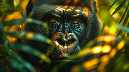close up wildlife photography, authentic photo of a gorilla in natural habitat, taken with telephoto lenses, for relaxing animal wallpaper and more