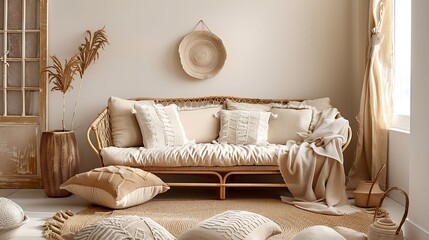 A bohemian inspired guest room with a rattan sofa in earthy tones, adding texture and warmth to the space - obrazy, fototapety, plakaty