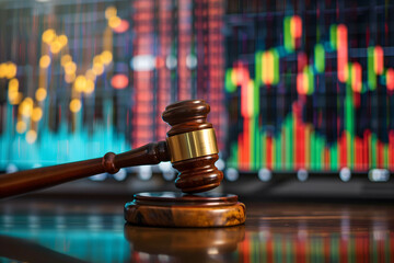 gavel with stock market background, laws and punishments for investors or executives who commit wrongdoing in investing in stock market