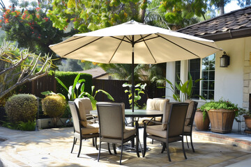 Beige Patio Umbrella With Table and Chairs