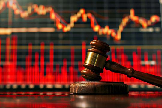 gavel with stock market background, laws and punishments for investors or executives who commit wrongdoing in investing in stock market
