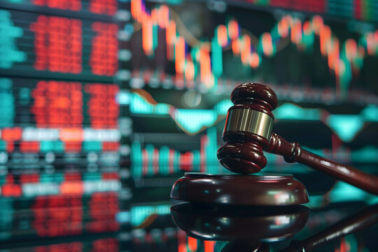 gavel with stock market background, laws and punishments for investors or executives who commit wrongdoing in investing in stock market
