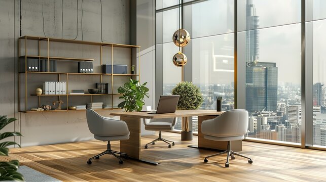 Stylish coworking interior with desk and shelf, workplace near panoramic window