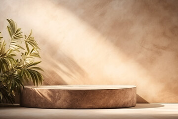 Beige Podium Product Display Presentation with Sandstone and Plants