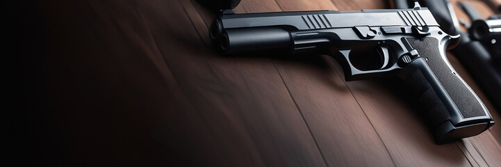 Close up of pistol. Black and White. Shallow depth of field. Copy space banner with a place for text