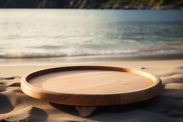Wooden Tray Podium on Sand Beach, Morning Light