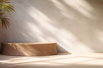 Beige Podium Product Display Presentation with Sandstone and Plants