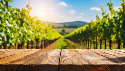 Naklejka premium Empty wooden table, sunny vineyard background