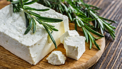 Feta cheese textured background. Fresh Greek feta cheese block with rosemary herbs close up.