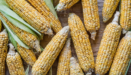 Heap of corn cobs texture, top view background