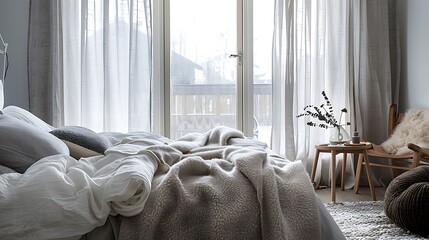 a bedroom with Scandinavian inspired textiles, such as a faux fur rug and linen curtains