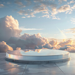 crystal glass podium for product display presentation with cloud sky background