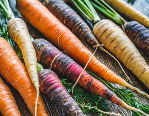 Rainbow carrots close up, vegetable background, top view